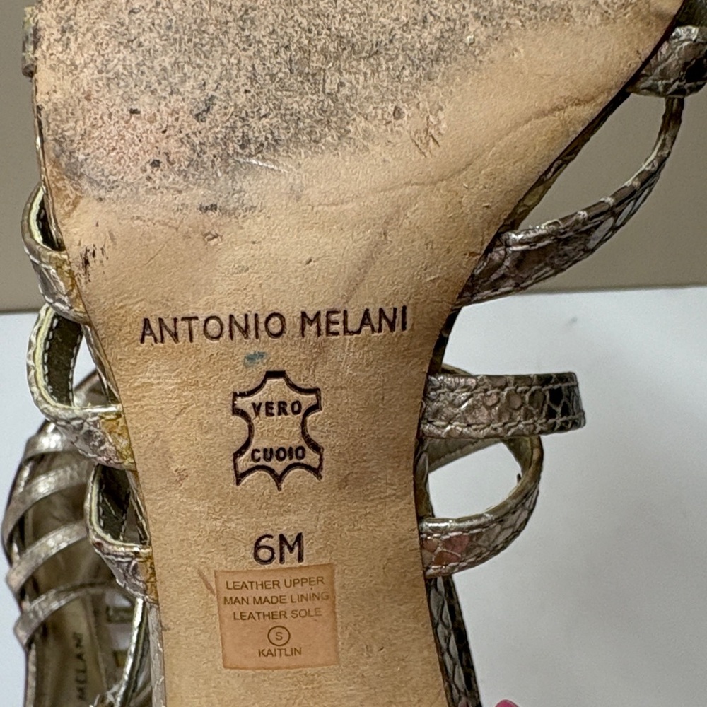 ANTONIO MELANI Gold Strappy Snake-Texture Leather Stiletto Sandals - Picture 12 of 14